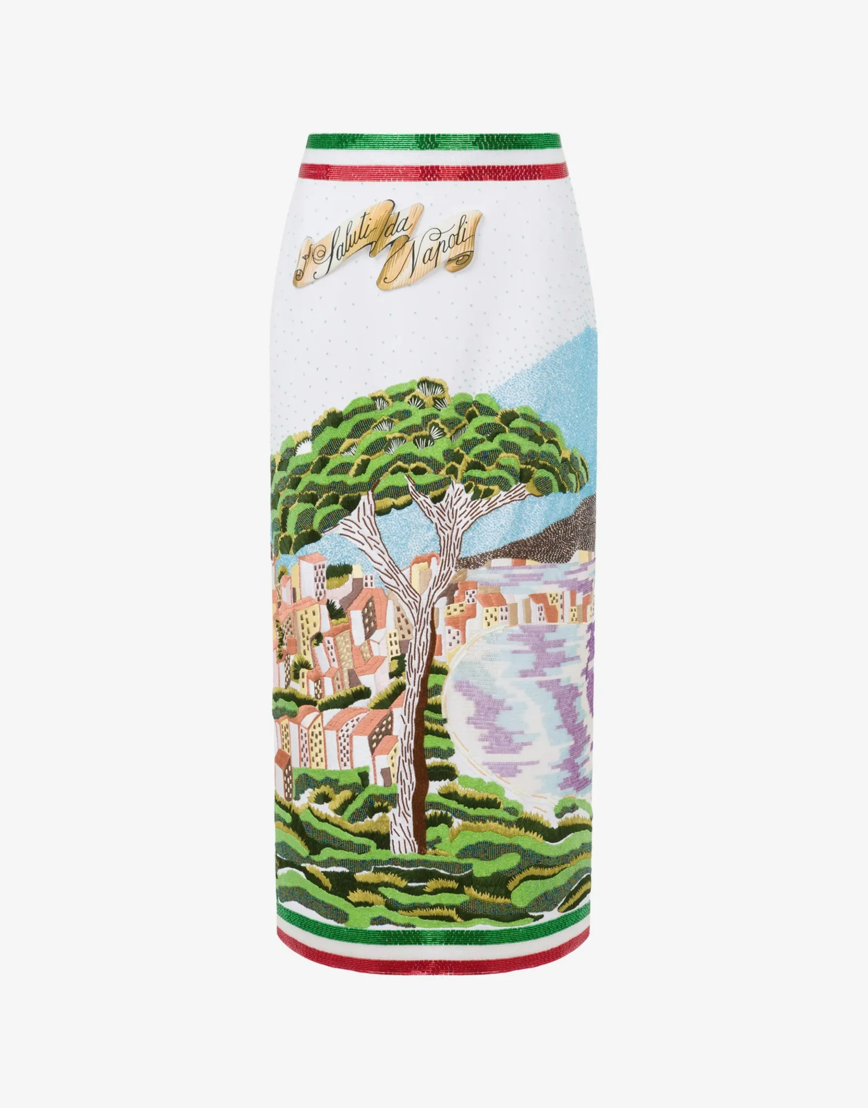 Moschino Skirts^Crepe Skirt with ""Greetings from Naples"" Embroidery WHITE