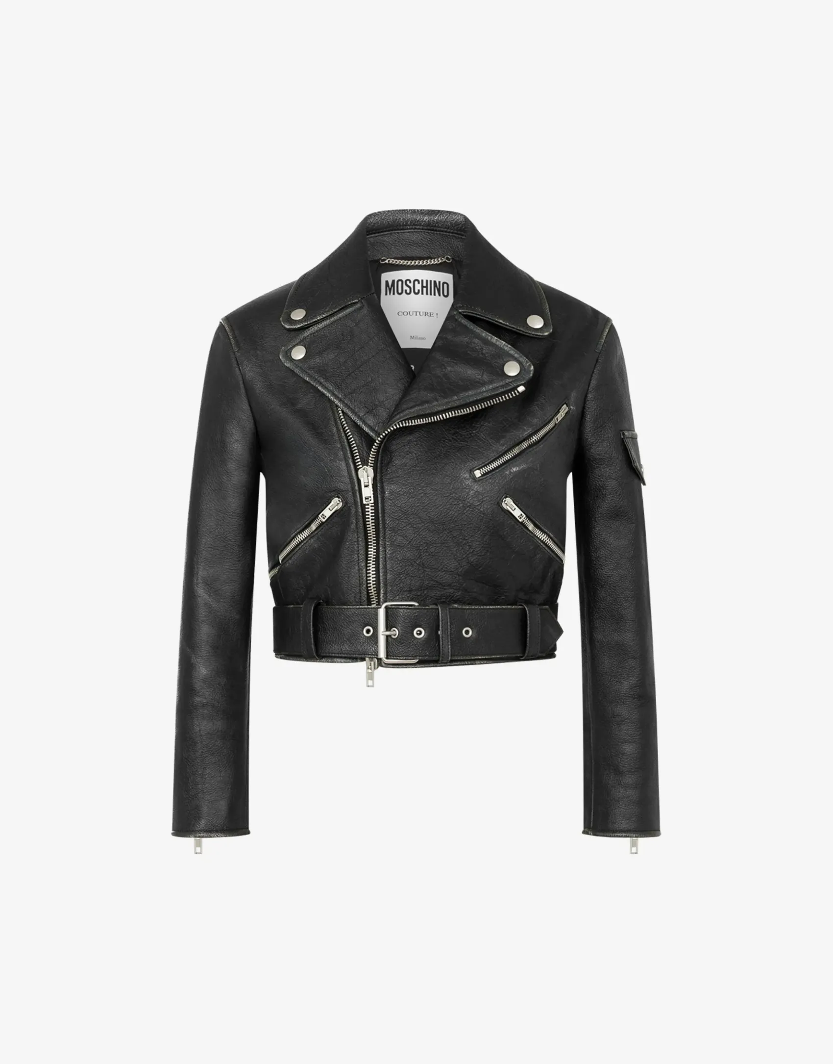 Moschino Coats & Outerwear|Co-ords^Cropped biker jacket in heavy nappa leather BLACK