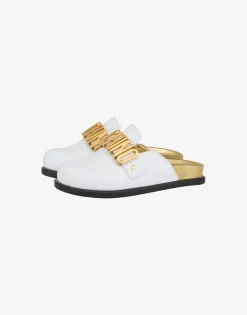 Moschino Girls Shoes|Girl^Lettering Logo calfskin mules WHITE