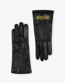 Moschino Hats & Gloves^Logo Embroidery nappa leather gloves BLACK
