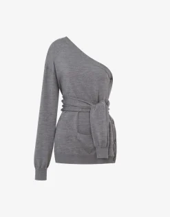 Moschino Knitwear^One-Shoulder Wool Cardigan Tailored Twist DARK GREY