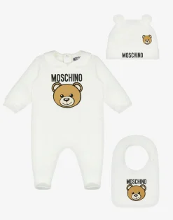 Moschino Girl|Boy^Teddy Print bodysuit, hat, and bib set WHITE