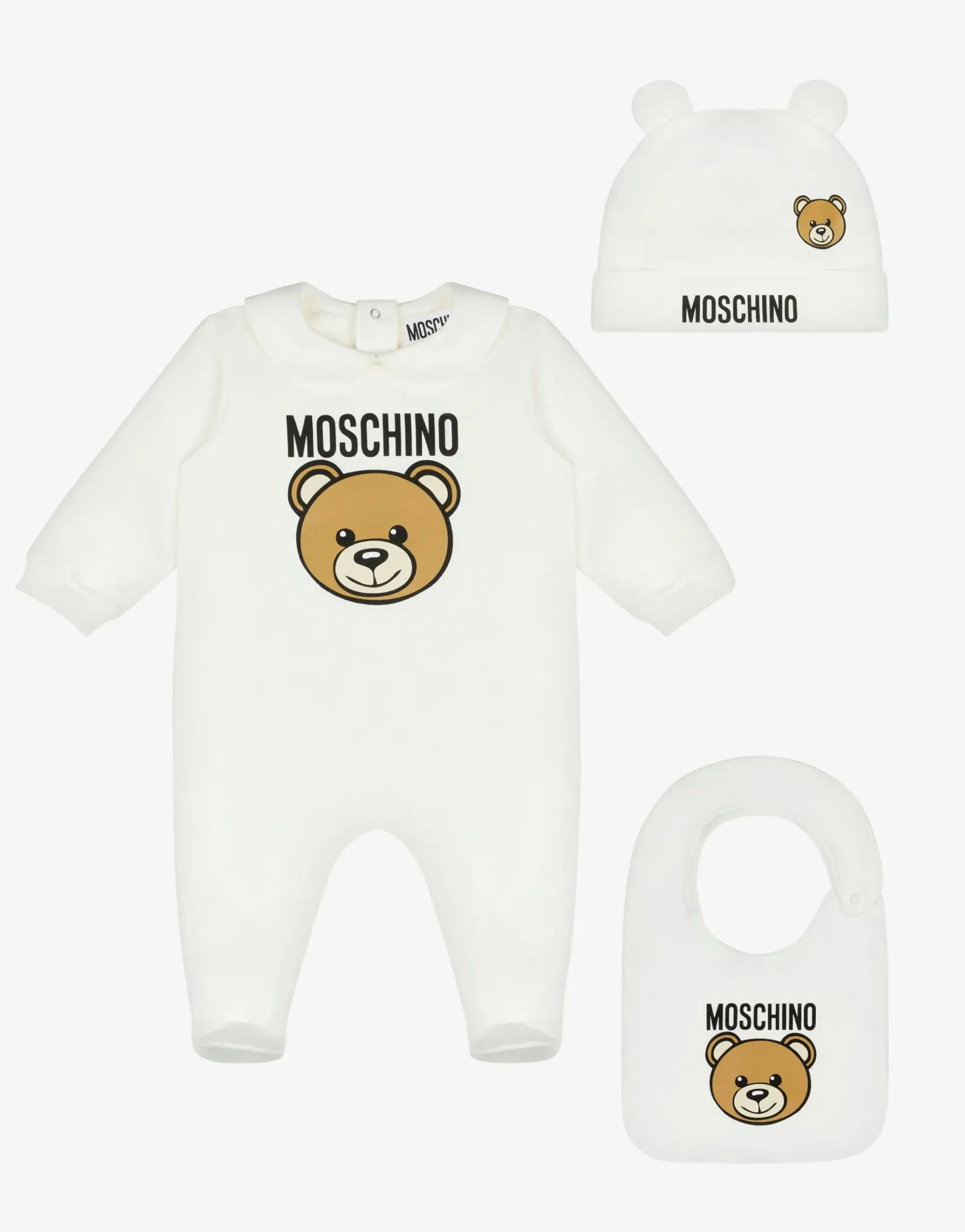 Moschino Girl|Boy^Teddy Print bodysuit, hat, and bib set WHITE